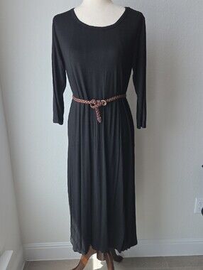 New Modest Traditional Black Scoop-Neck Maxi Long Dress Large Soft Minimalist